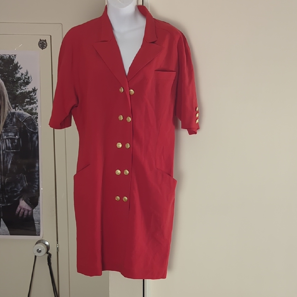 Vintage Joseph Janard 100% Pure Wool Red Dress With Gold Buttons